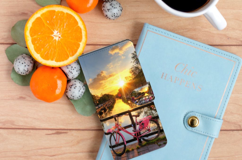 Samsung Galaxy S24 Ultra Flip Cover Amsterdamse Grachten fiets zonsondergang design bovenaanzicht