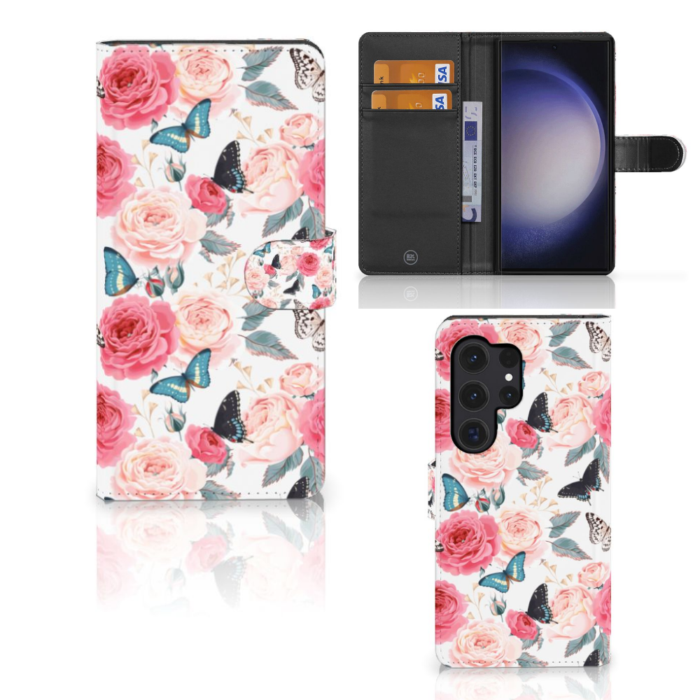 Samsung Galaxy S24 Ultra Hoesje Butterfly Roses telefoonhoesje vlinders rozen voorkant binnenkant