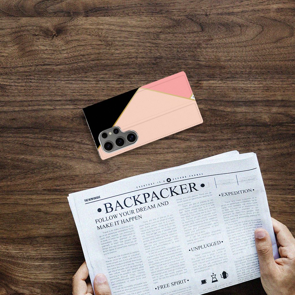 Samsung Galaxy S24 Ultra Stand Case Zwart Roze Vormen ontwerp boven aanzicht