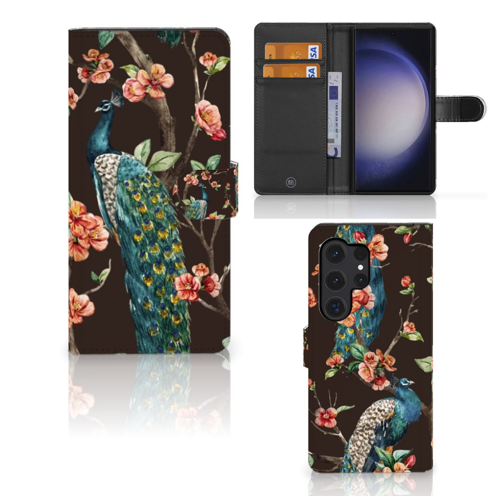 Samsung Galaxy S24 Ultra Telefoonhoesje met Pasjes Pauw met Bloemen telefoonhoesje pauw bloemen aanzicht