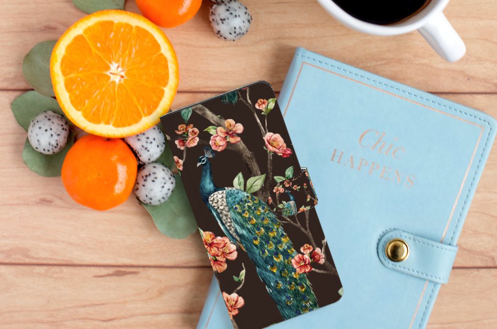 Samsung Galaxy S24 Ultra Telefoonhoesje met Pasjes Pauw met Bloemen design pauw bloemen bovenaanzicht