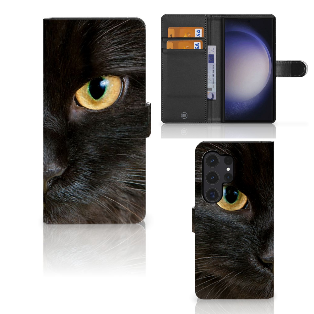 Samsung Galaxy S24 Ultra Telefoonhoesje met Pasjes Zwarte Kat design zwarte kat aanzicht