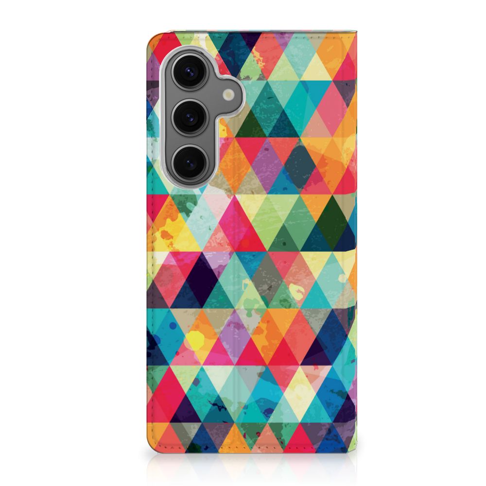 Samsung Galaxy S24FE Hoesje met Magneet Geruit hoesje geometrisch design kleurrijk aanzicht