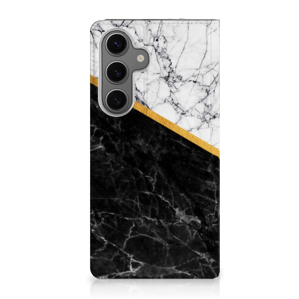 Samsung Galaxy S24FE Standcase Marmer Wit Zwart design zwartwit marmer aanzicht