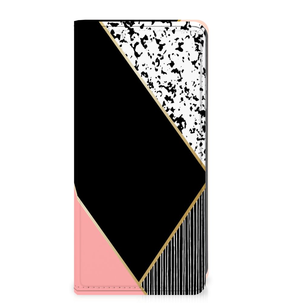 Samsung Galaxy S25 Book Wallet Case Wood Blue design zwart wit roze geometrisch