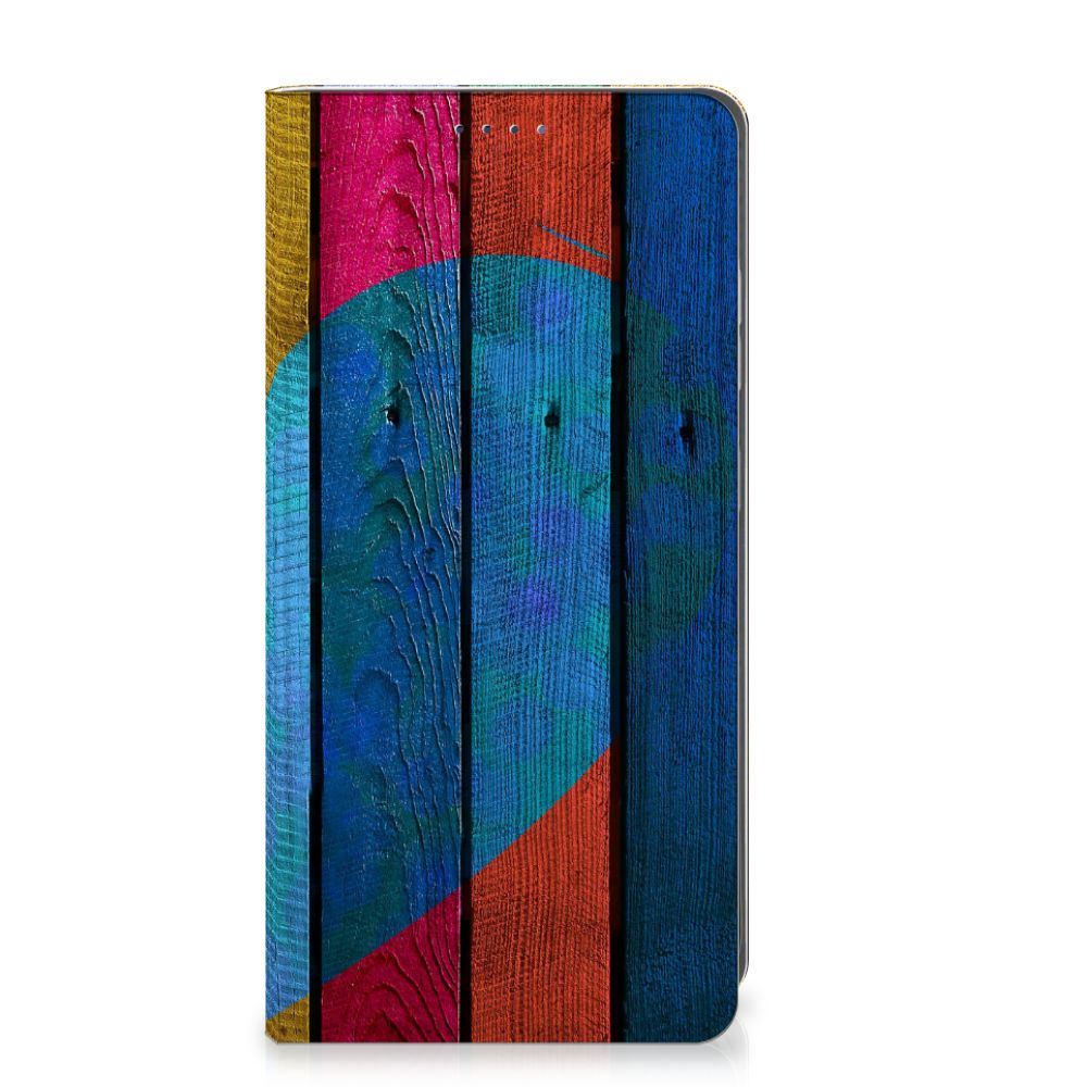 Samsung Galaxy S25 Book Wallet Case Wood Heart aanzicht kleurrijk ontwerp