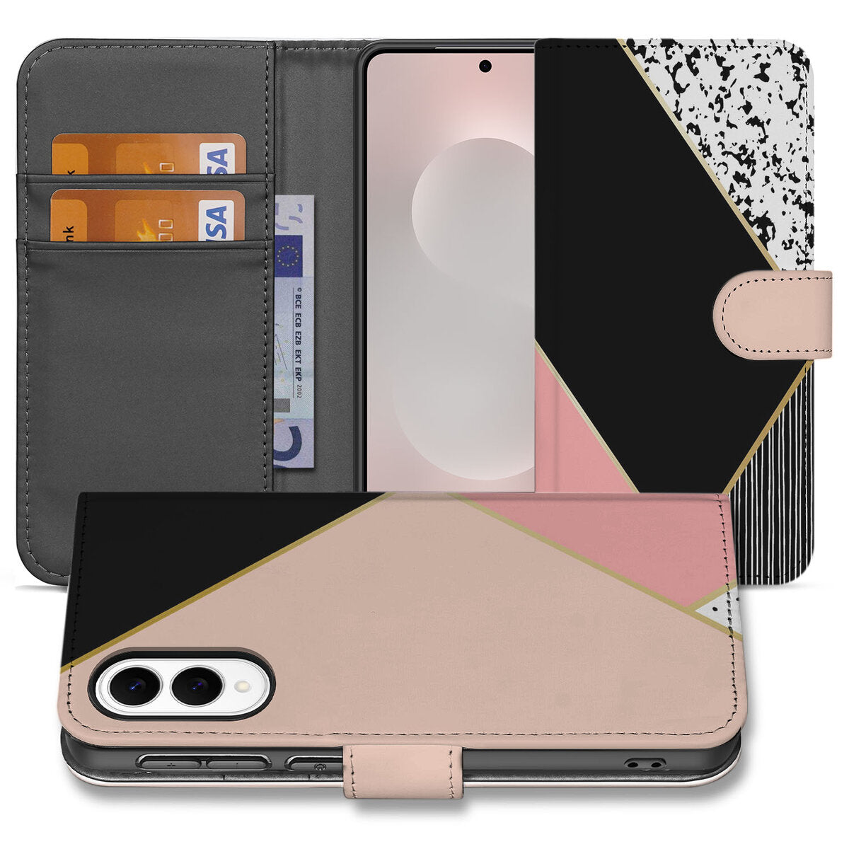 Samsung Galaxy S25 Edge Book Case Zwart Roze Vormen book case black pink geometric view