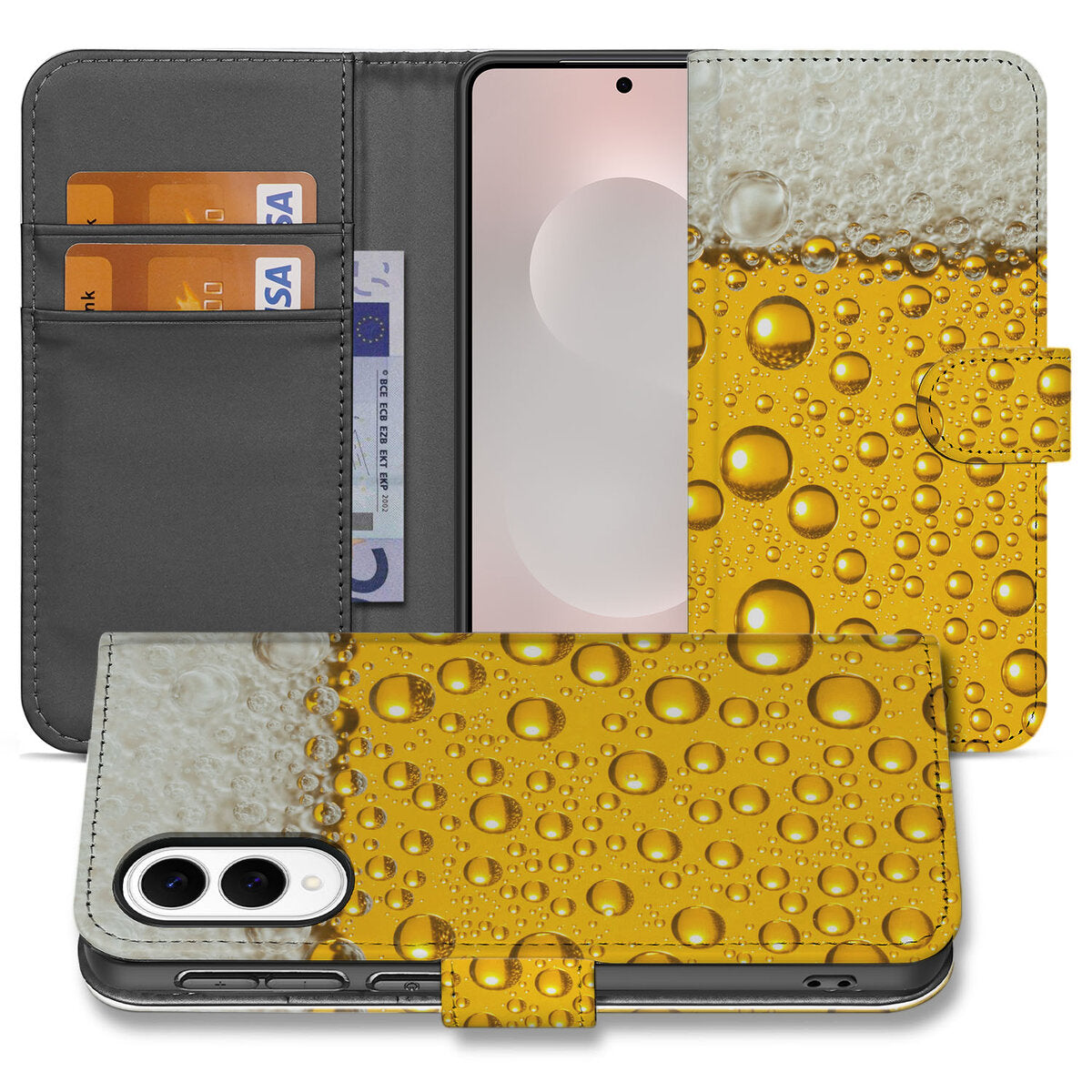 Samsung Galaxy S25 Edge Book Cover Bier bier design voorkant met druppels