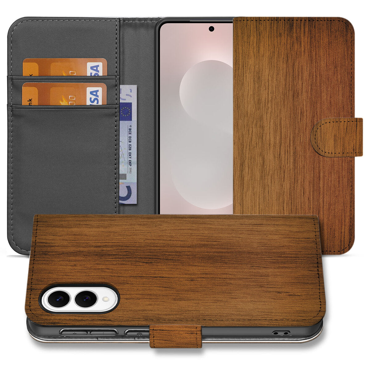 Samsung Galaxy S25 Edge Book Style Case Donker Hout boek stijl donker hout aanzicht