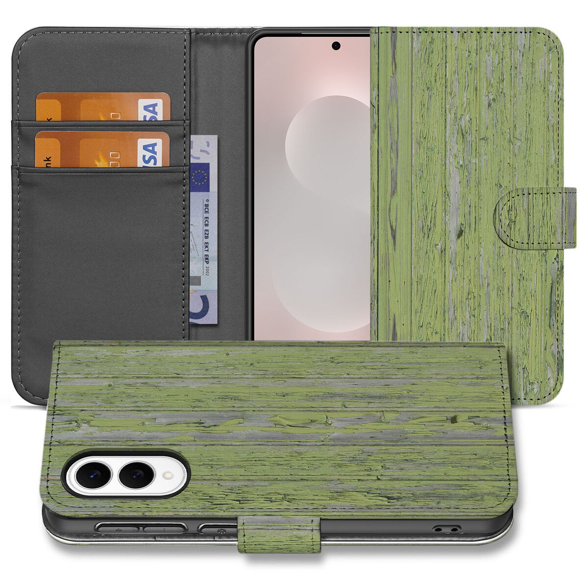 Samsung Galaxy S25 Edge Book Style Case Green Wood boekhoes groen hout voorkant achterkant