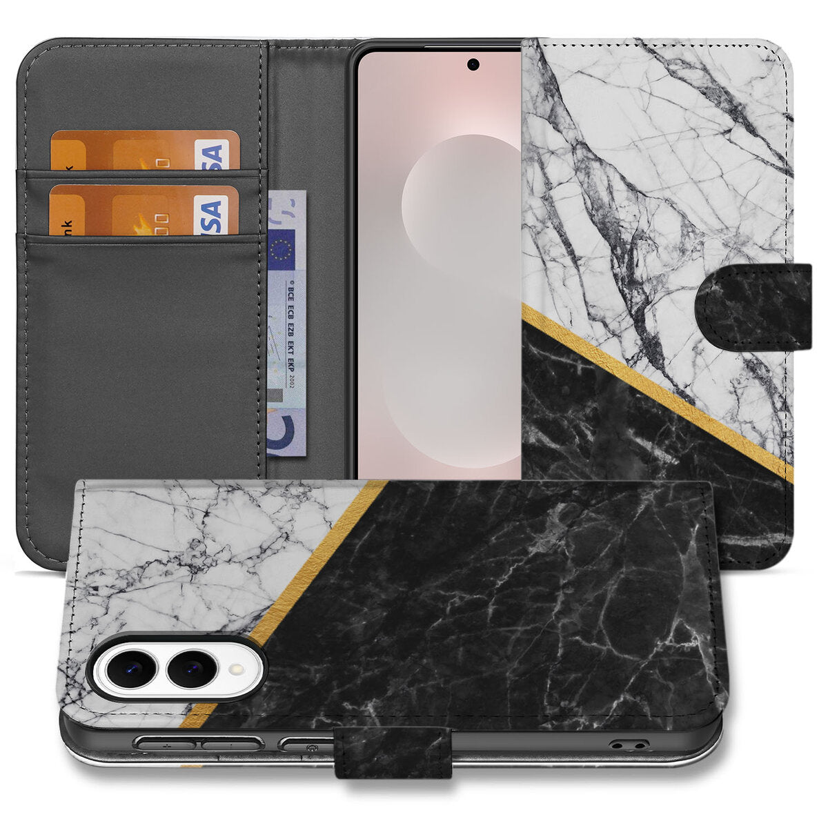 Samsung Galaxy S25 Edge Bookcase Marmer Wit Zwart bookcase marble design vooraanzicht