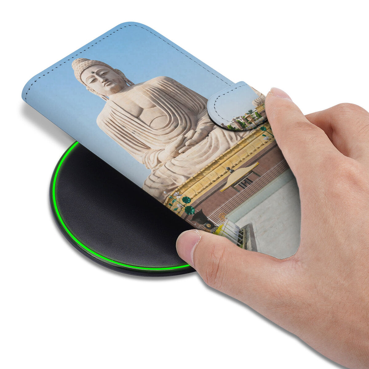 Samsung Galaxy S25 Edge Flip Cover Boeddha hoesje met Boeddha design hand met draadloze oplader