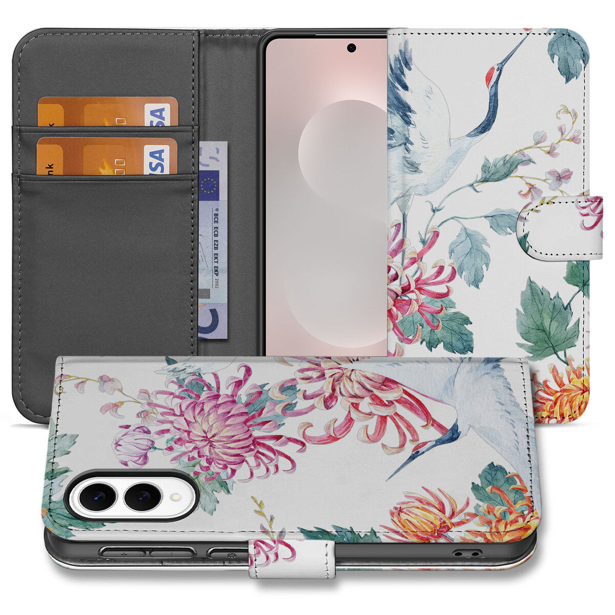 Samsung Galaxy S25 Edge Telefoonhoesje met Pasjes Bird Flowers hoesje bloemen vogels aanzicht