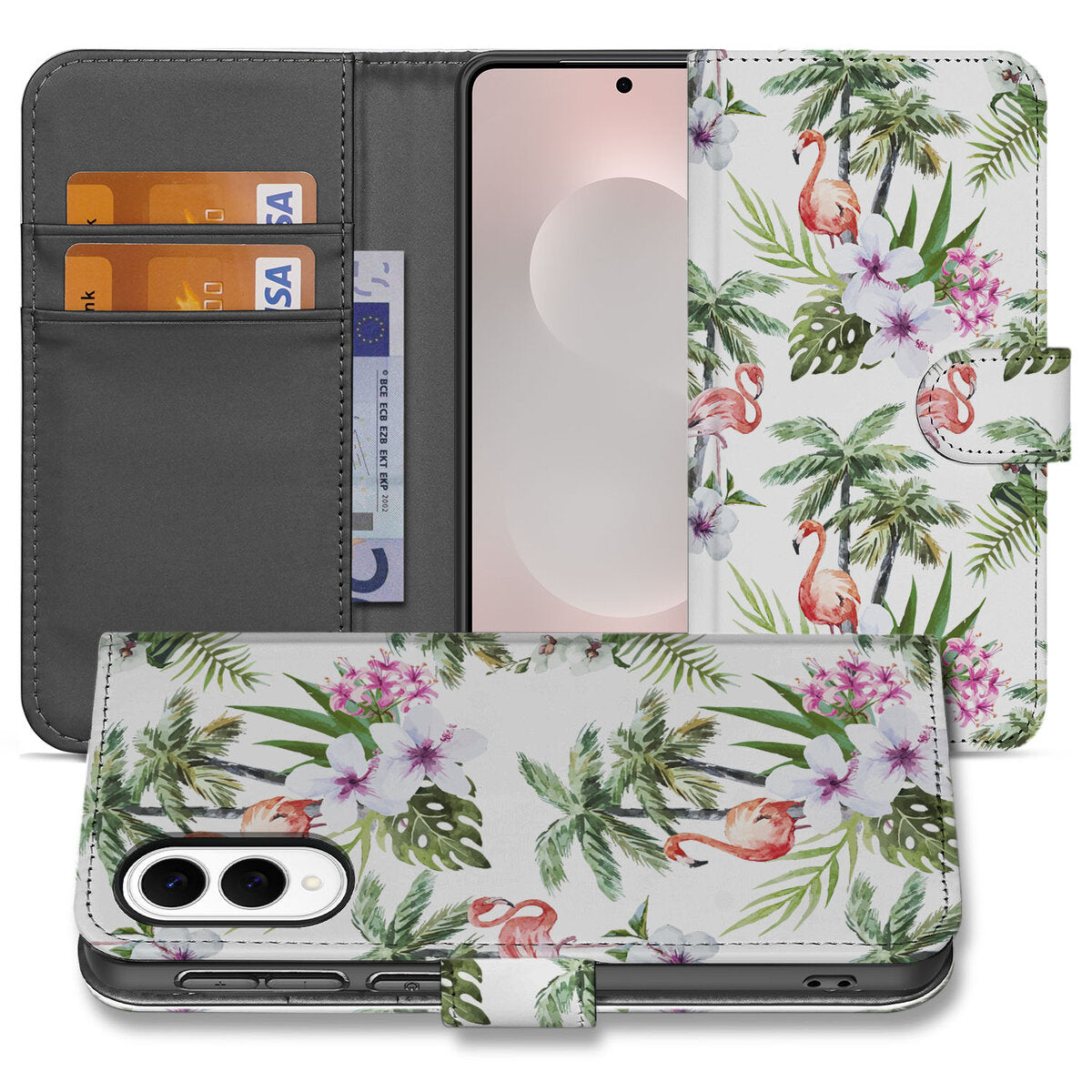Samsung Galaxy S25 Edge Telefoonhoesje met Pasjes Flamingo Palms aanzicht design