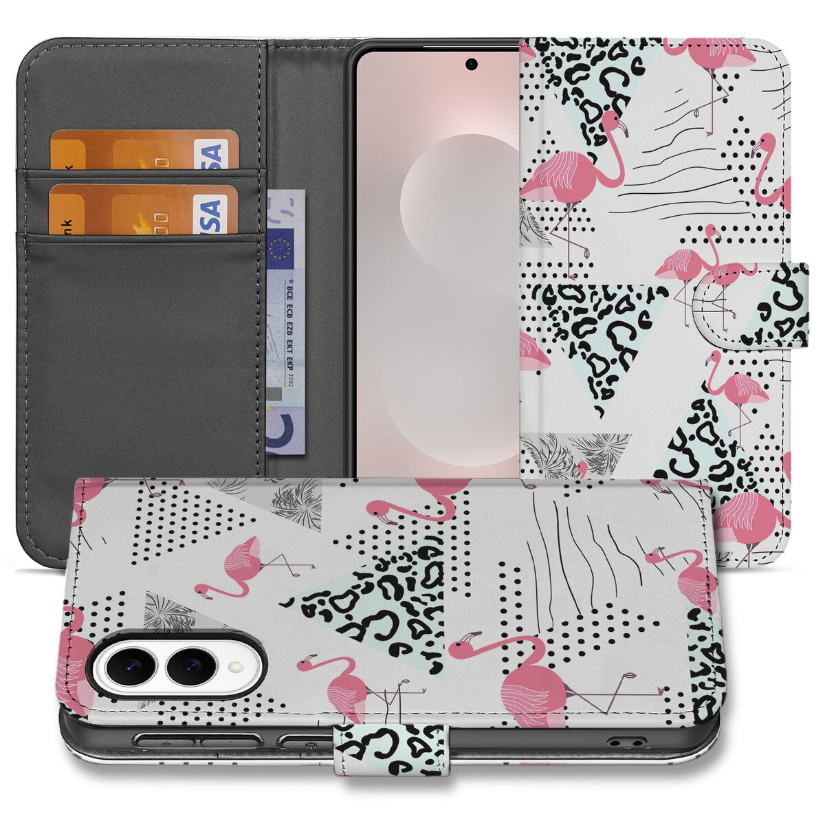 Samsung Galaxy S25 Edge Telefoonhoesje met Pasjes Flamingo Triangle design voorkant