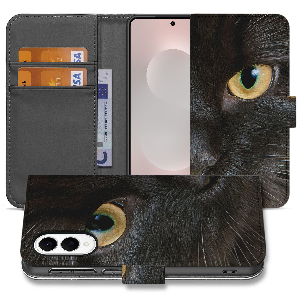 Samsung Galaxy S25 Edge Telefoonhoesje met Pasjes Zwarte Kat book case zwart kat vooraanzicht