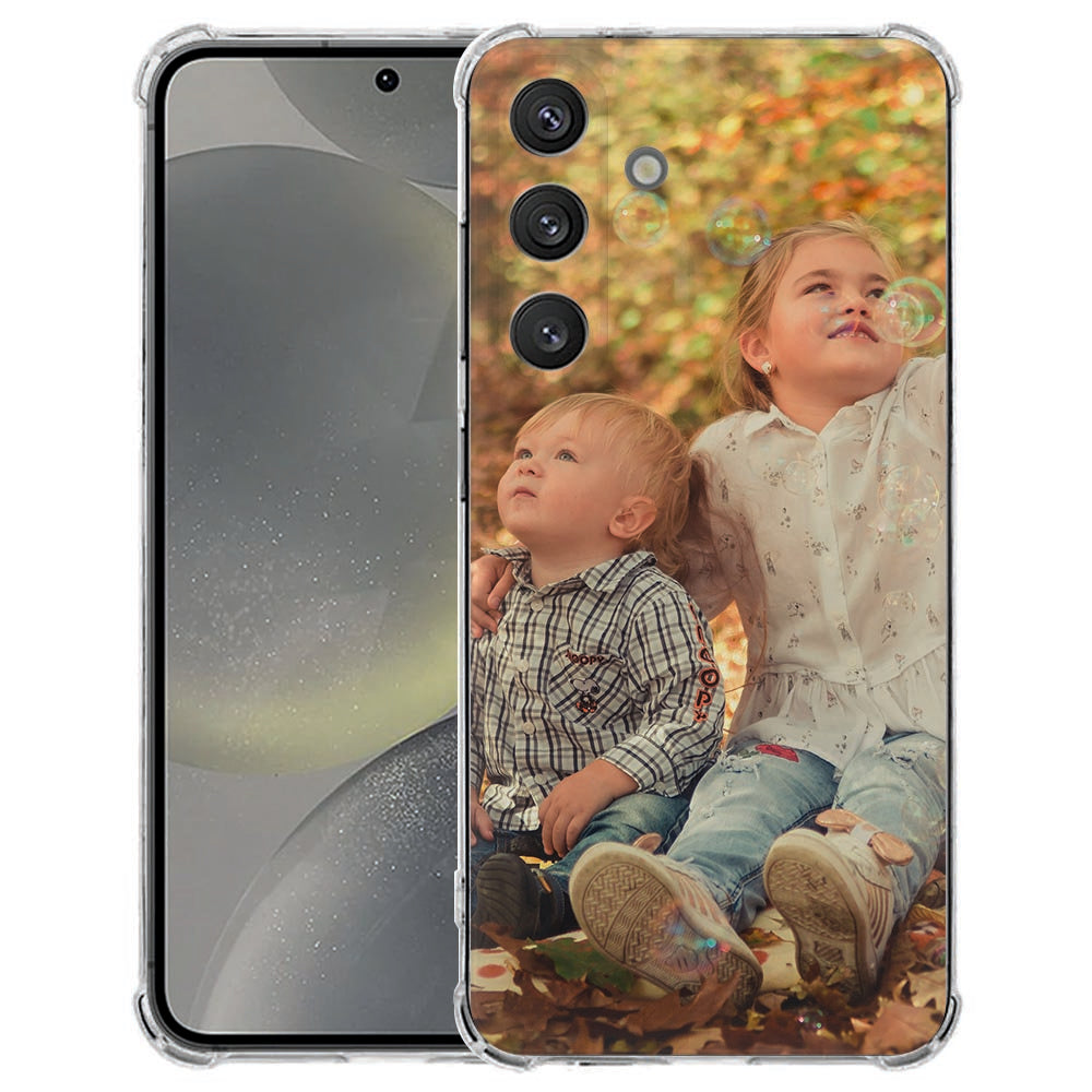 Samsung Galaxy S25 FE Anti-Shock Back Cover Hoesje Maken met Foto Kinderen met bellen schuin aanzicht.