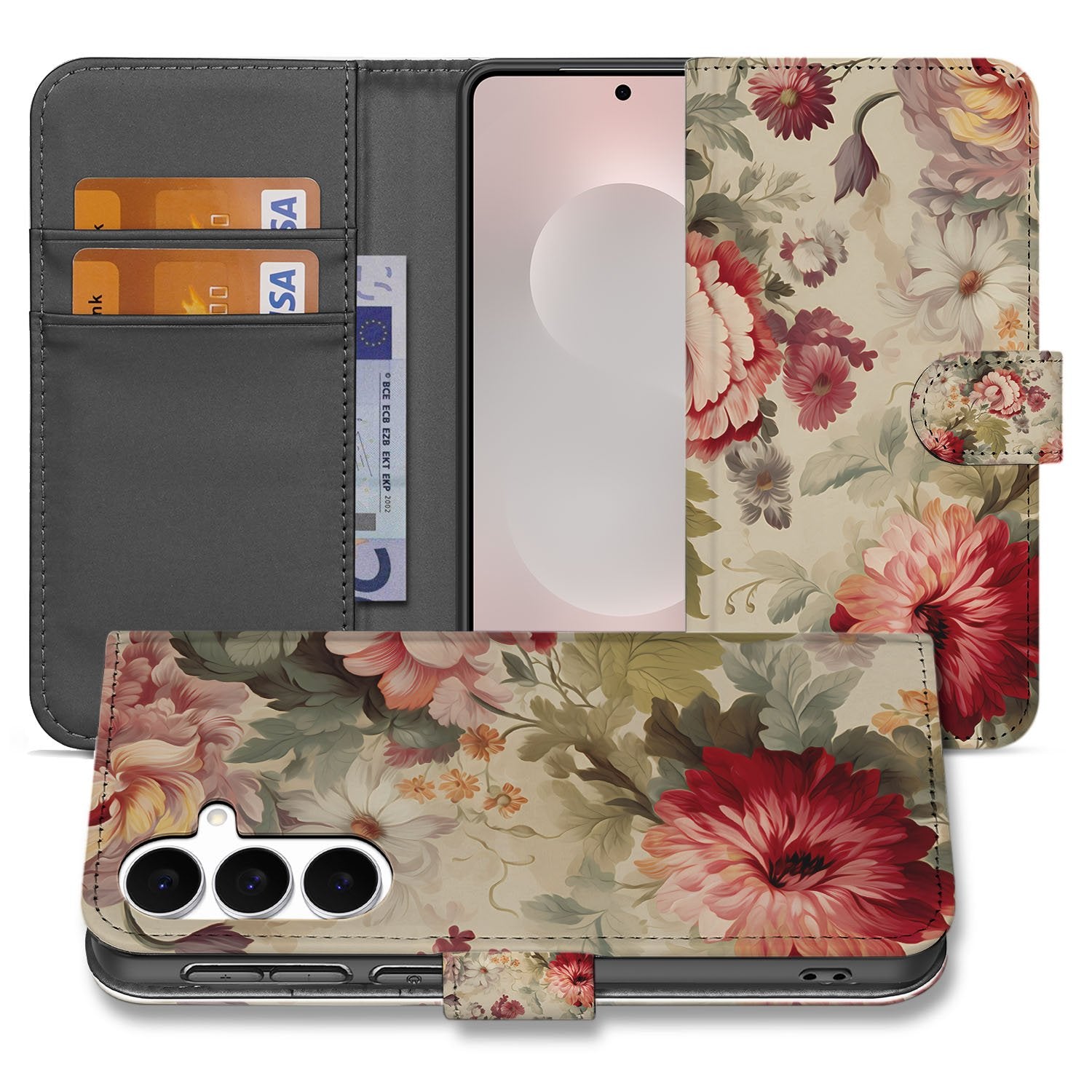 Samsung Galaxy S25 FE Bloemen Portemonnee Hoesje PU Leer 3 Pasjes boekhoesje bloemenprint binnenzijde grijs