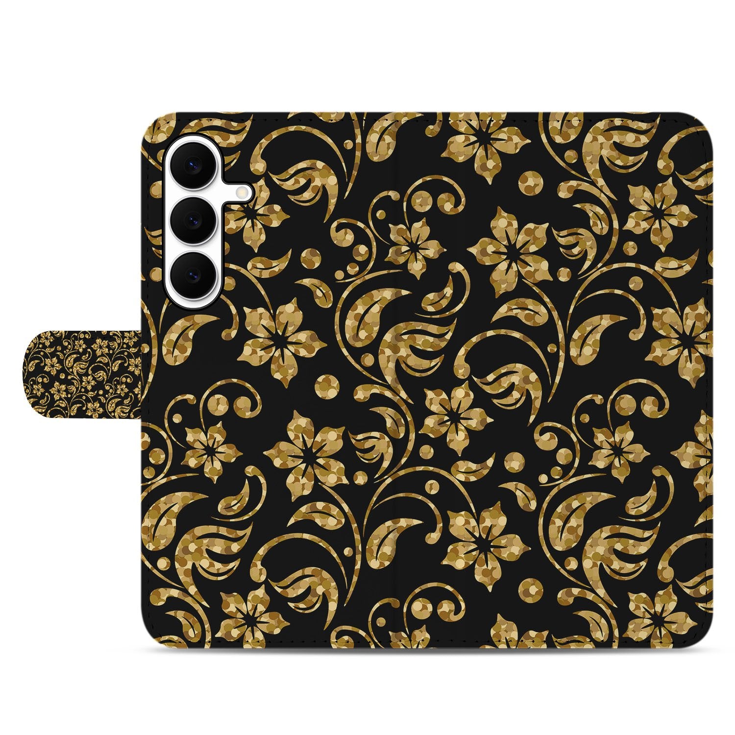 Samsung Galaxy S25 FE Boekhoes Gouden Bloemen Met Pasjesvak goud bloemen zwart ontwerp voorkant