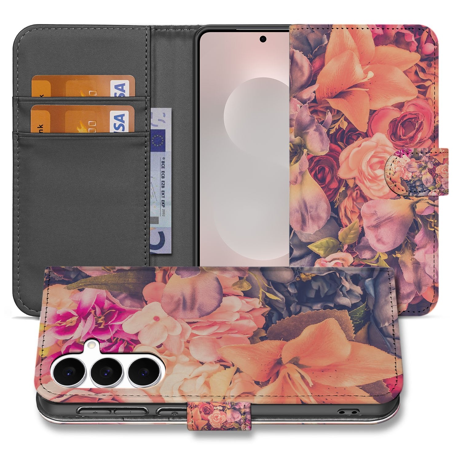 Samsung Galaxy S25 FE Boekhoesje Bloemen Met 3 Pasjes Roze Oranje Paars voorzijde en binnenzijde met bloemenprint
