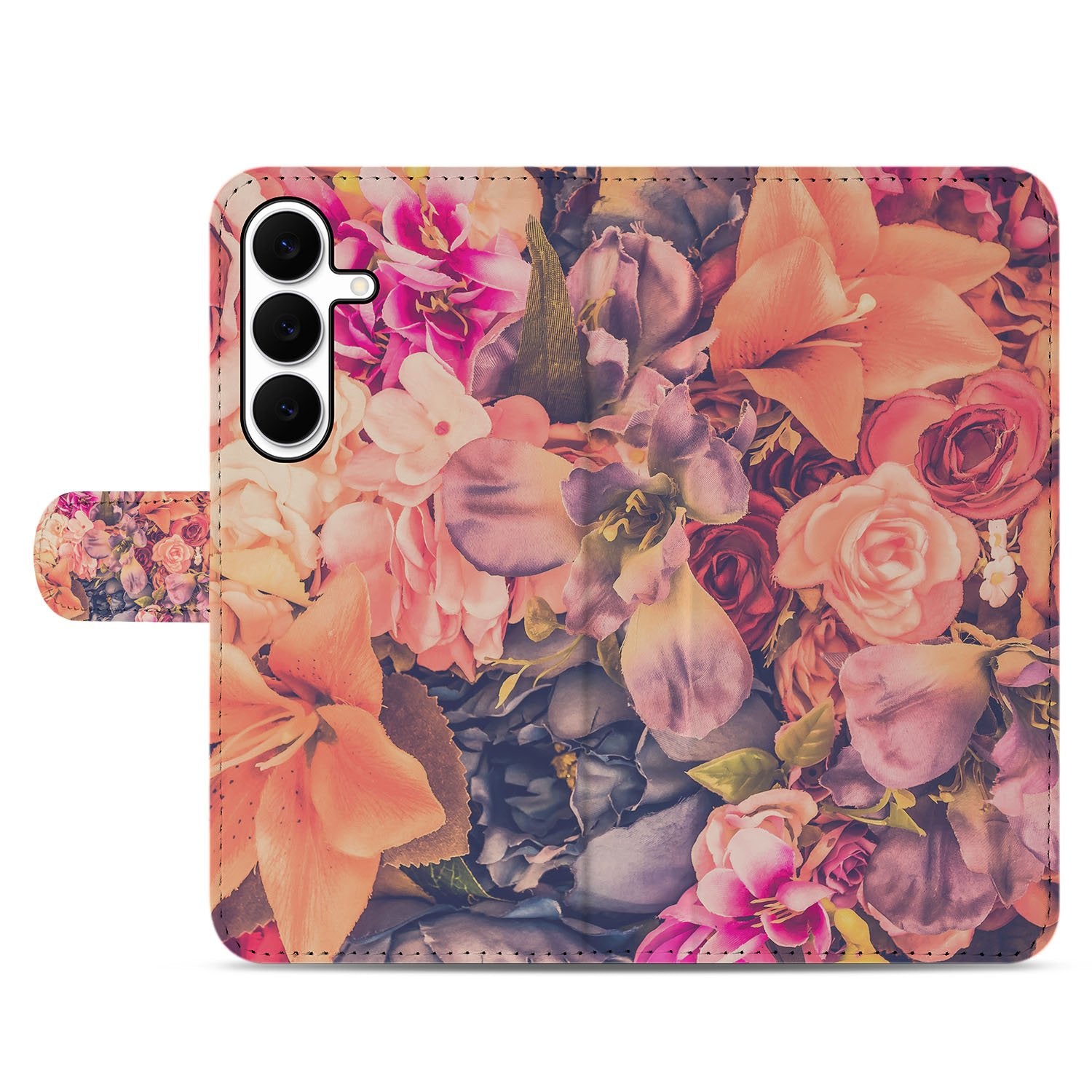 Samsung Galaxy S25 FE Boekhoesje Bloemen Met 3 Pasjes Roze Oranje Paars bloemenprint voorkant