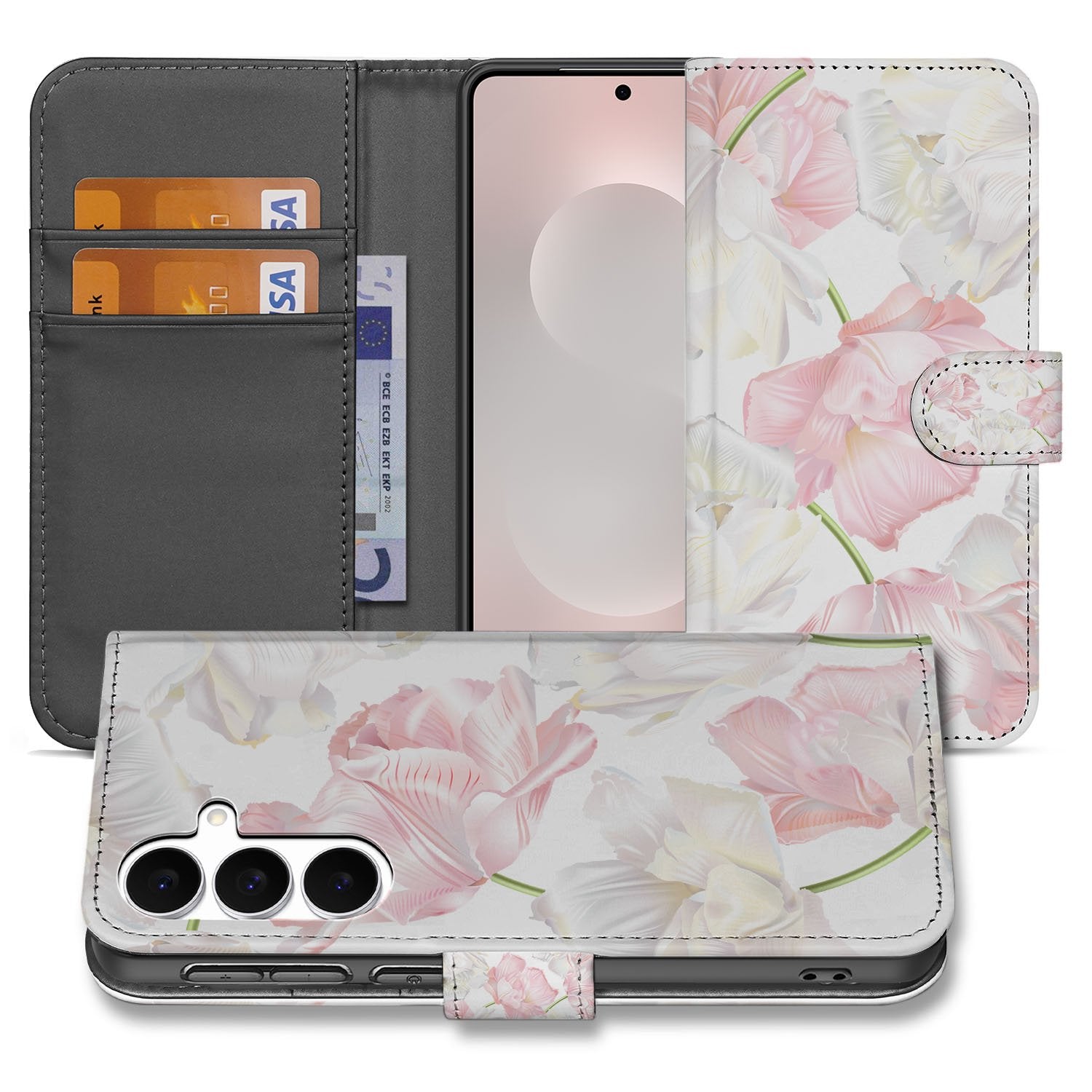 Samsung Galaxy S25 FE boekhoesje Lovely Flowers roze wit aanzicht