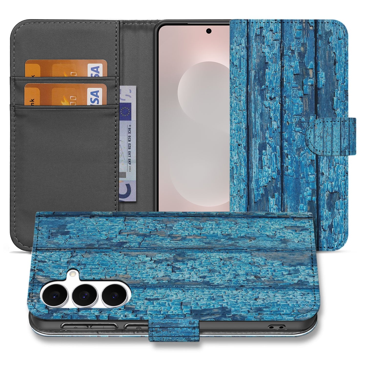 Samsung Galaxy S25 FE Book Case Afgebladderd Blauw Hout Met Pasjes binnenkant design aanzicht