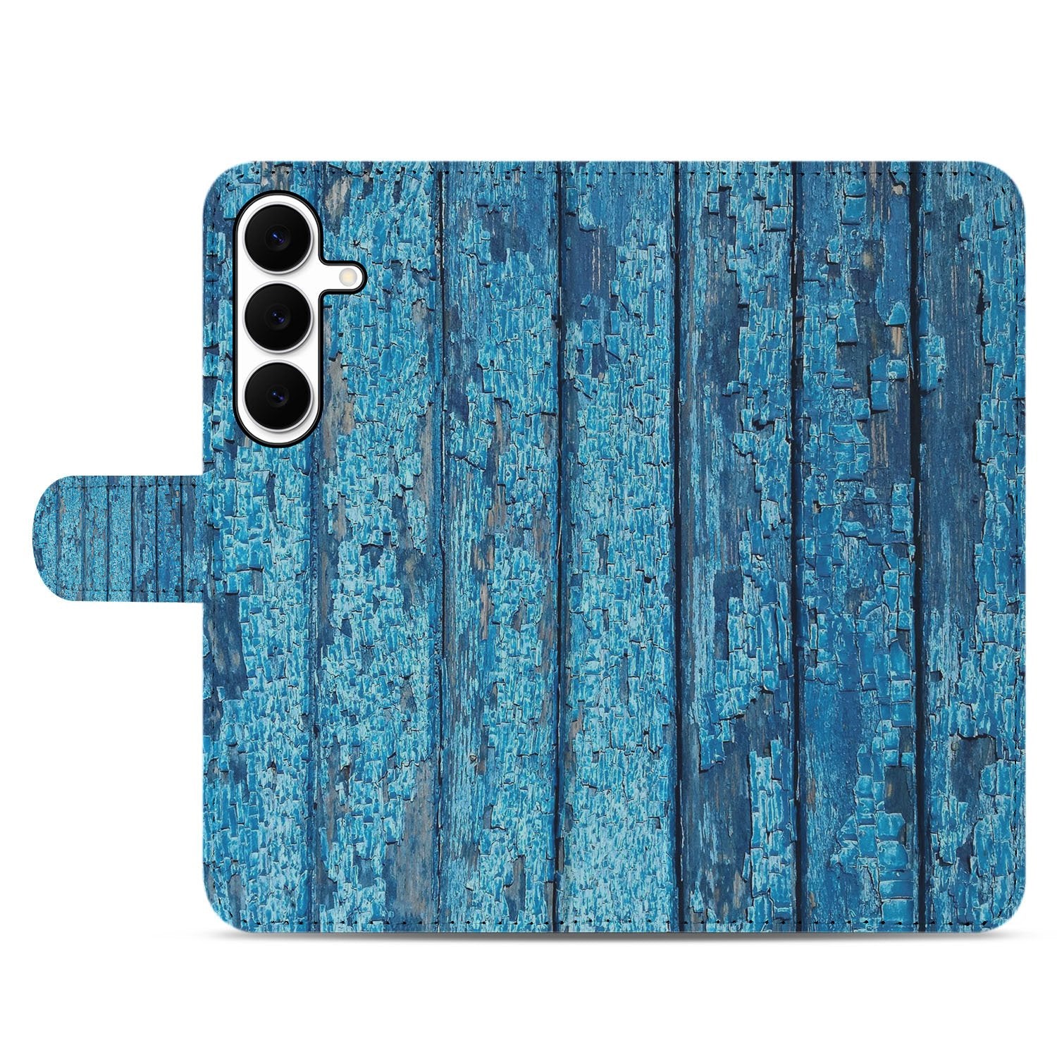 Samsung Galaxy S25 FE Book Case Afgebladderd Blauw Hout Met Pasjes design afgebladderd blauw hout aanzicht
