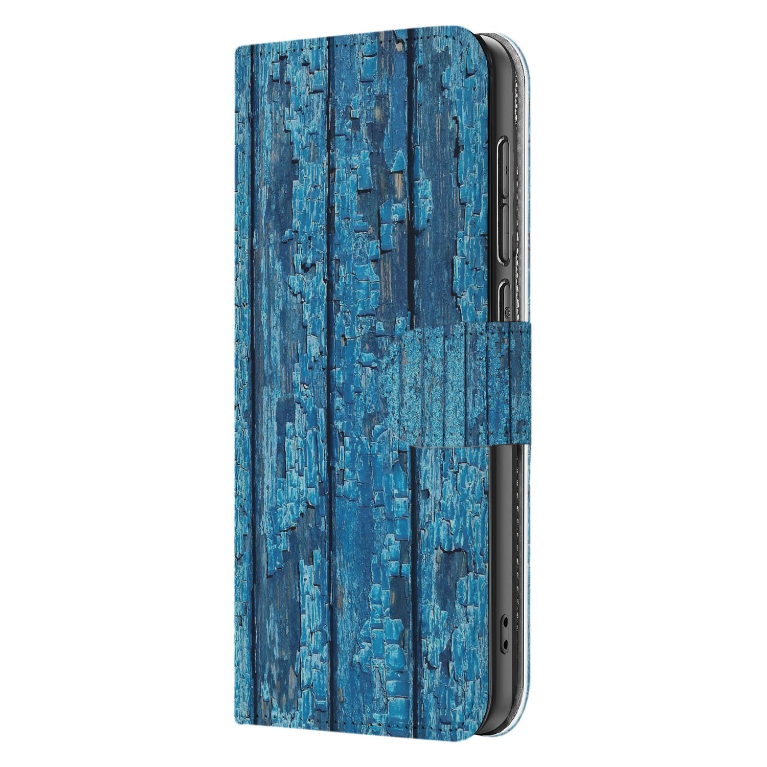 Samsung Galaxy S25 FE Book Case Afgebladderd Blauw Hout Met Pasjes design blauw hout aanzicht
