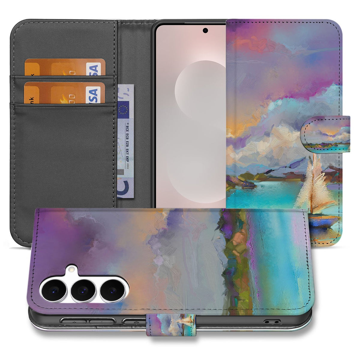 Samsung Galaxy S25 FE Bookcase Hoes Kunstleer Paars Blauw Groen design bootdesign aanzicht