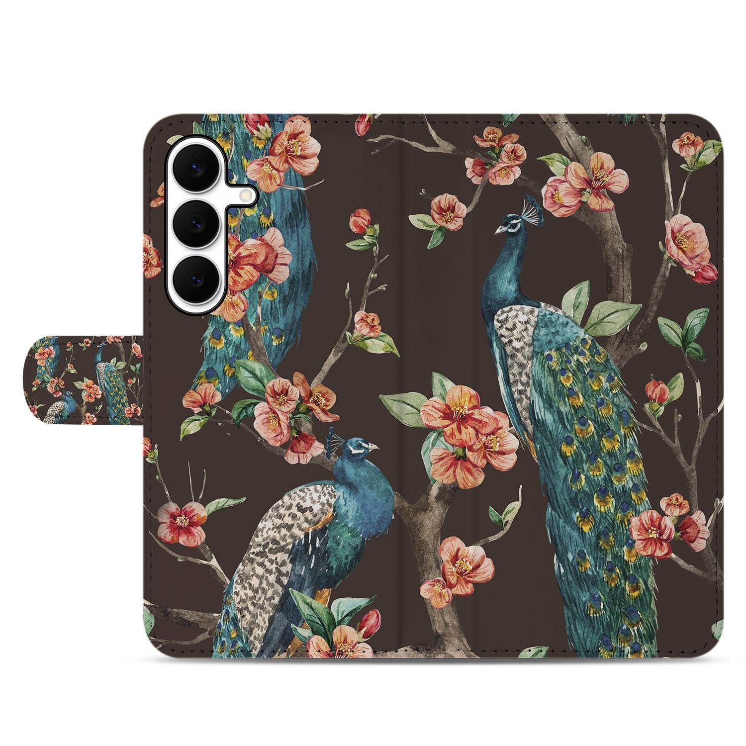 Samsung Galaxy S25 FE Bookcase Hoesje Met Pasjes Pauw Bloemen Print design pauw bloemen voorkant