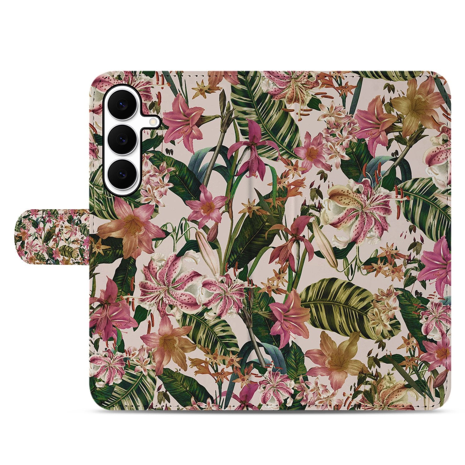 Samsung Galaxy S25 FE Bookcase Hoesje Paars Wit Flowers Met Pasjesvak boekcase bloemenprint bovenkant