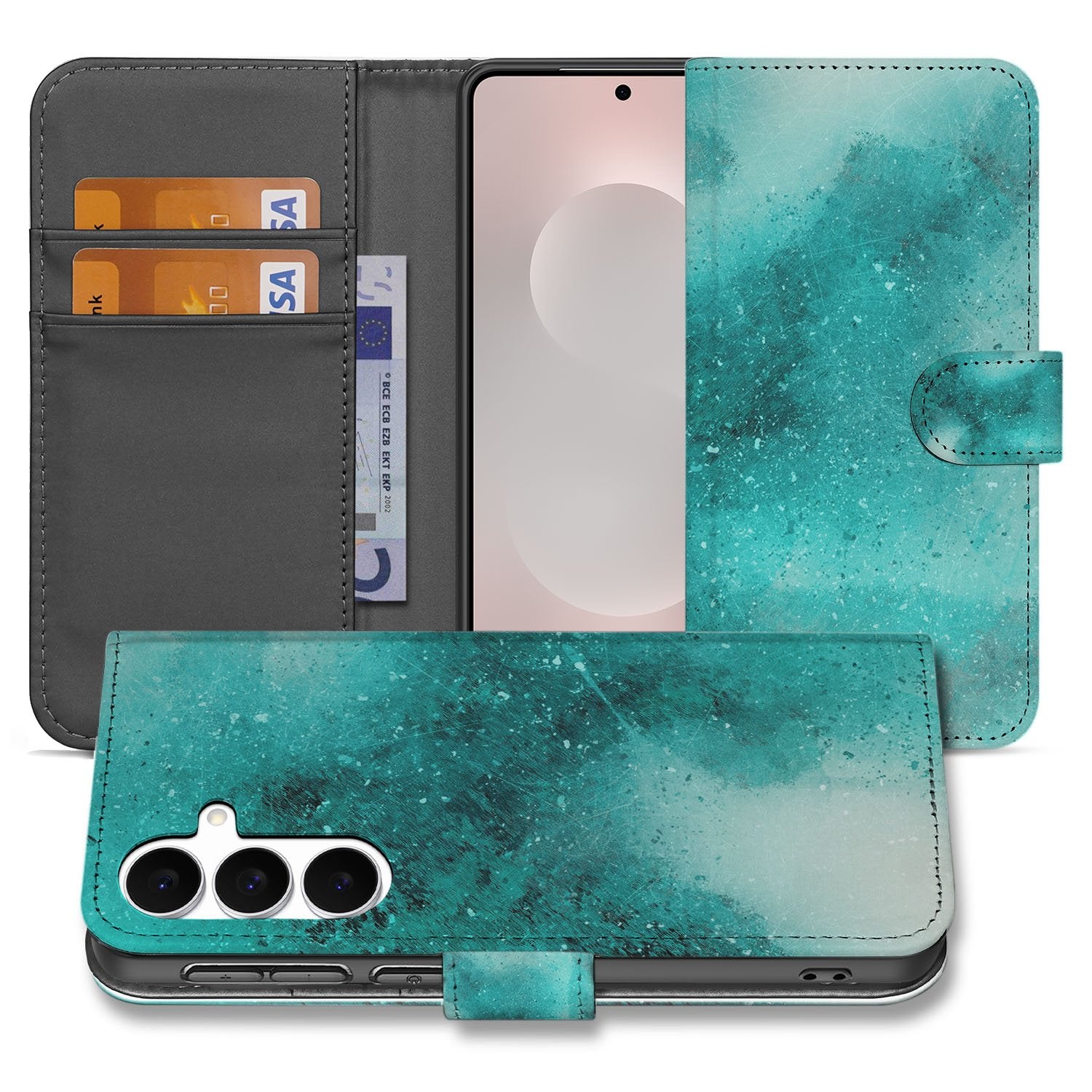 Samsung Galaxy S25 FE Bookcase Hoesje Painting Blue Met 3 Pasjes bookcase hoesje blauw waterverf aanzicht