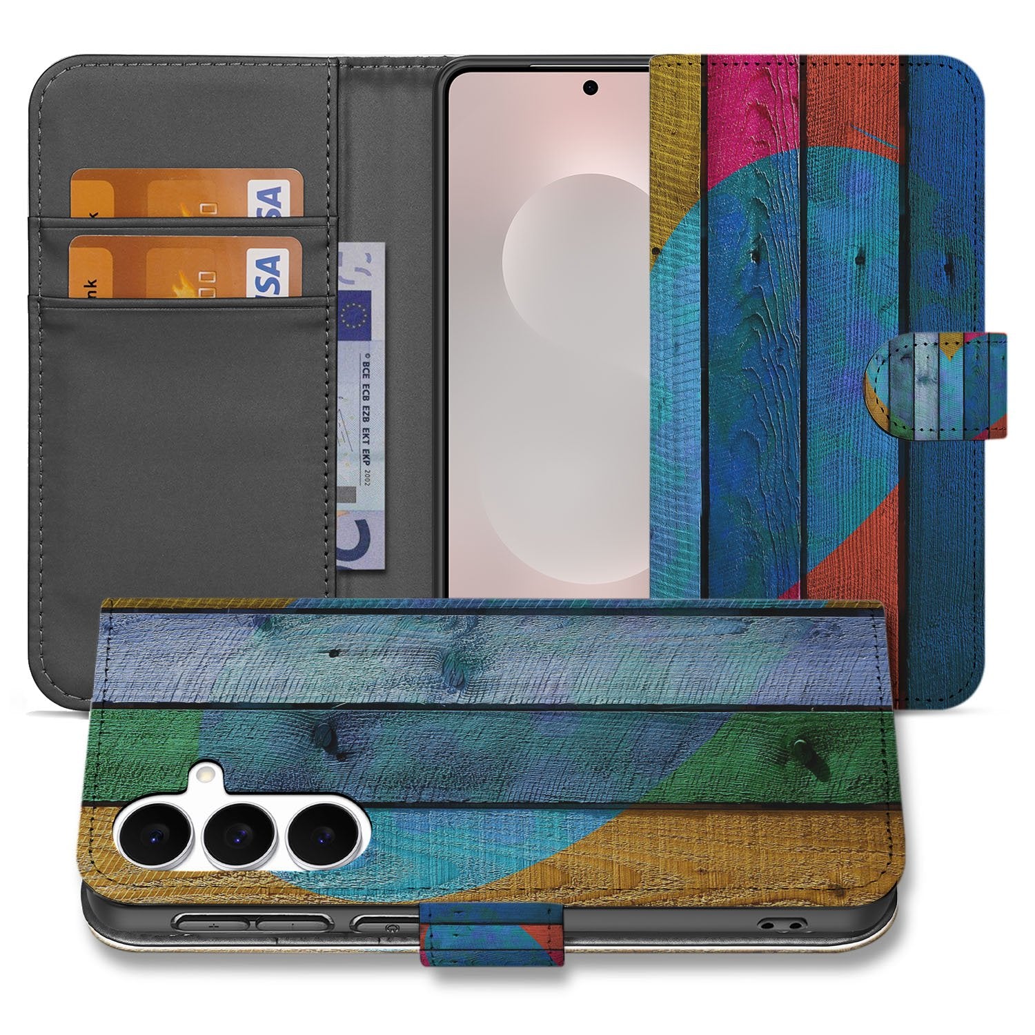Samsung Galaxy S25 FE Bookstyle Hoesje Wood Heart Bruin Met Pasjes designnaam houtmotief aanzicht