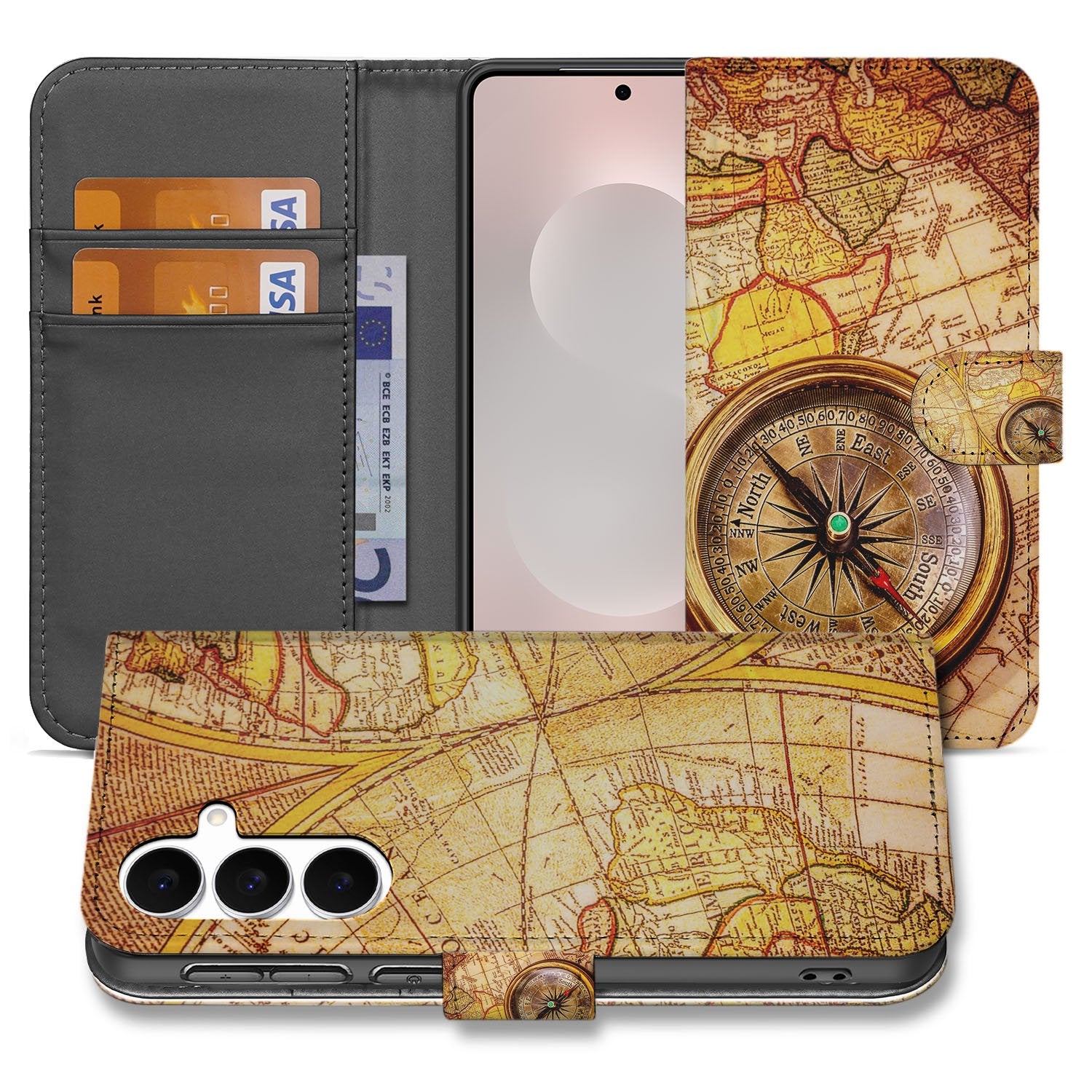Samsung Galaxy S25 FE Flip Cover Kompas Met Magnetische Sluiting boekhoesje kunstleer kompasprint en kaartvakken