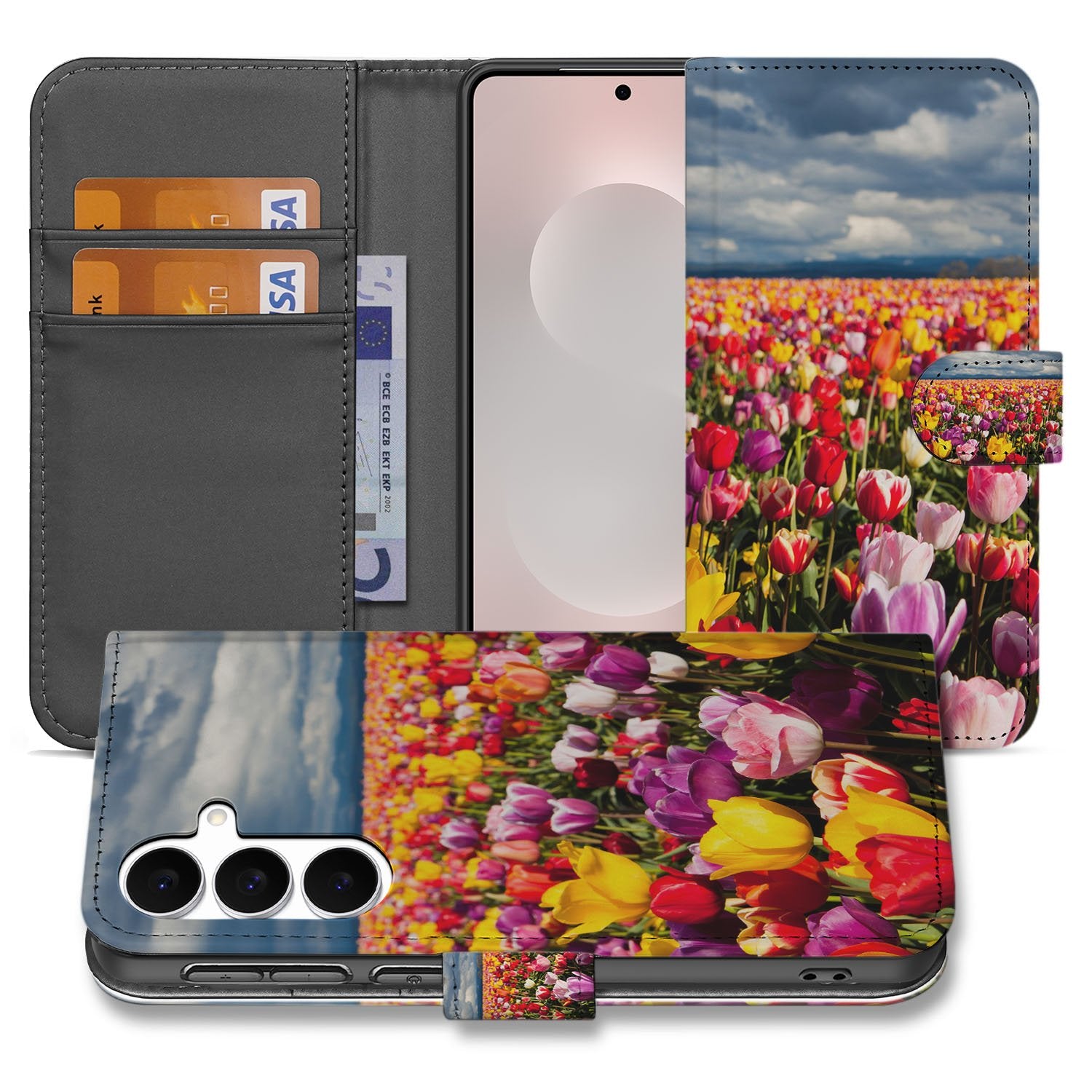 Samsung Galaxy S25 FE Hoesje Tulpen boekhoesje tulpenprint binnenkant met pasjes en briefgeld