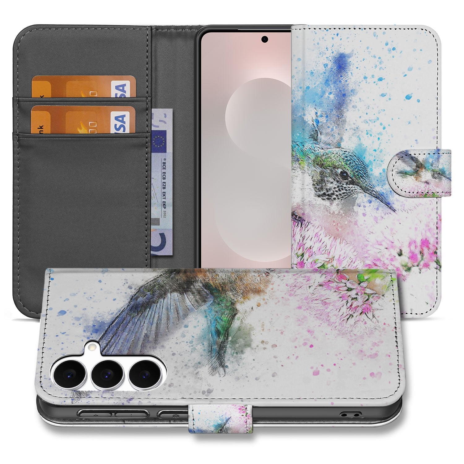 Samsung Galaxy S25 FE Portemonneehoes Kolibrie Print Met 3 Pasjes design kolibrie vooraanzicht