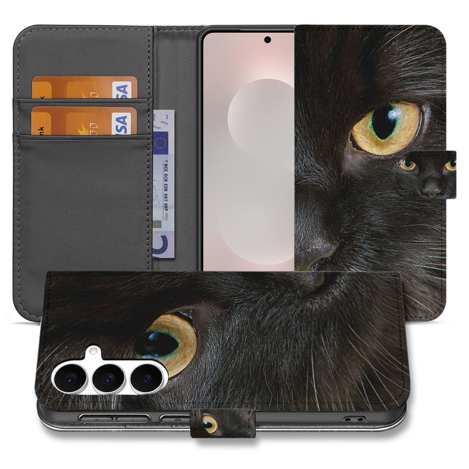 Samsung Galaxy S25 FE Portemonneehoesje Zwarte Kat Met Pasjes zwart kat design voorkant