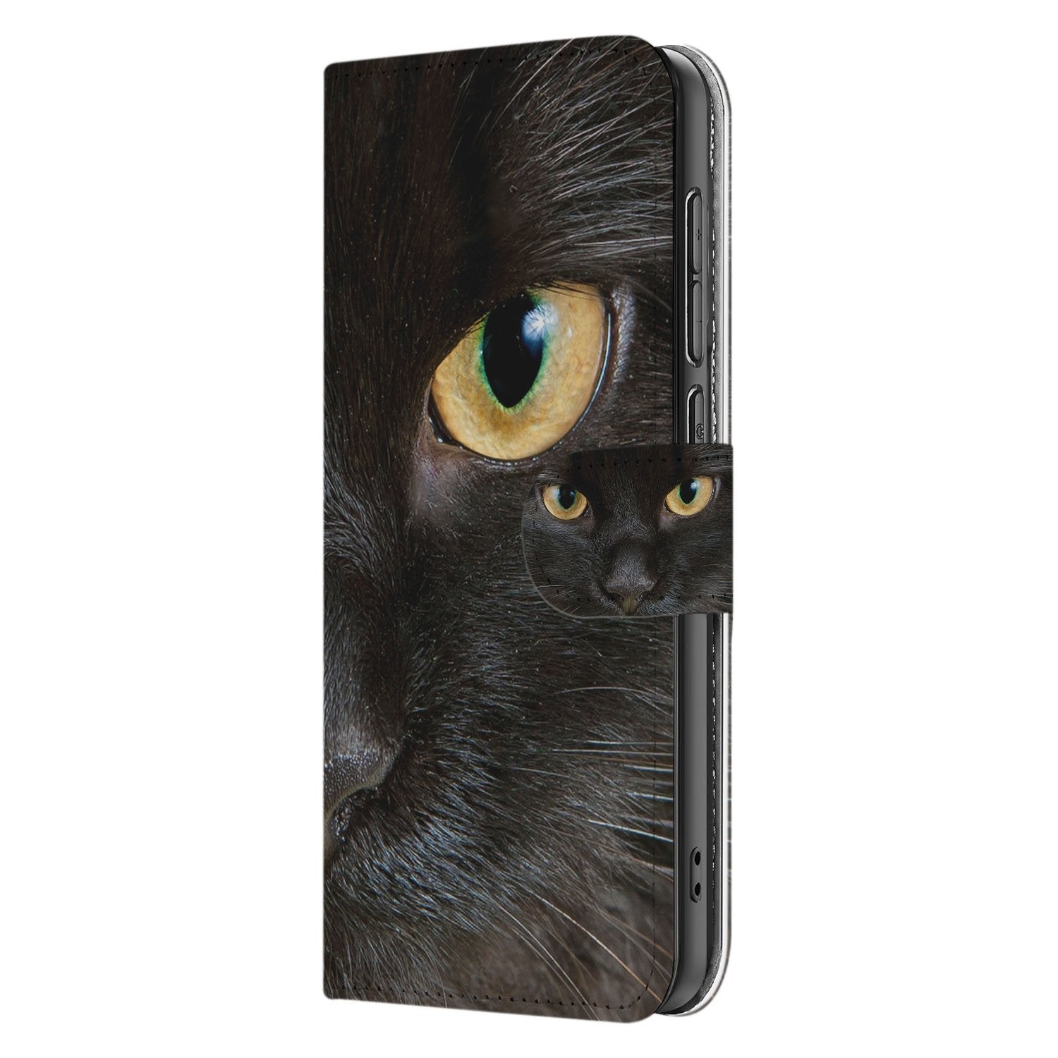 Samsung Galaxy S25 FE Portemonneehoesje Zwarte Kat Met Pasjes design zwarte kat aanzicht