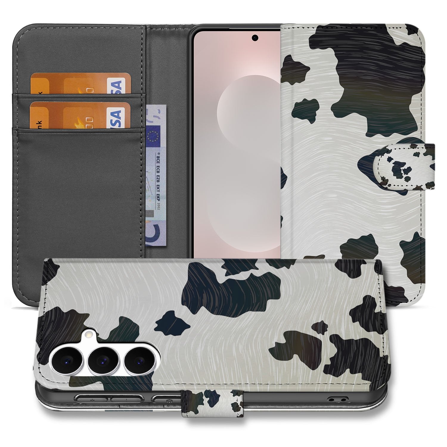 Samsung Galaxy S25 FE Telefoonhoesje met Pasjes Koeienvlekken bookcase zwart-witte koeienvlekken binnenzijde TPU