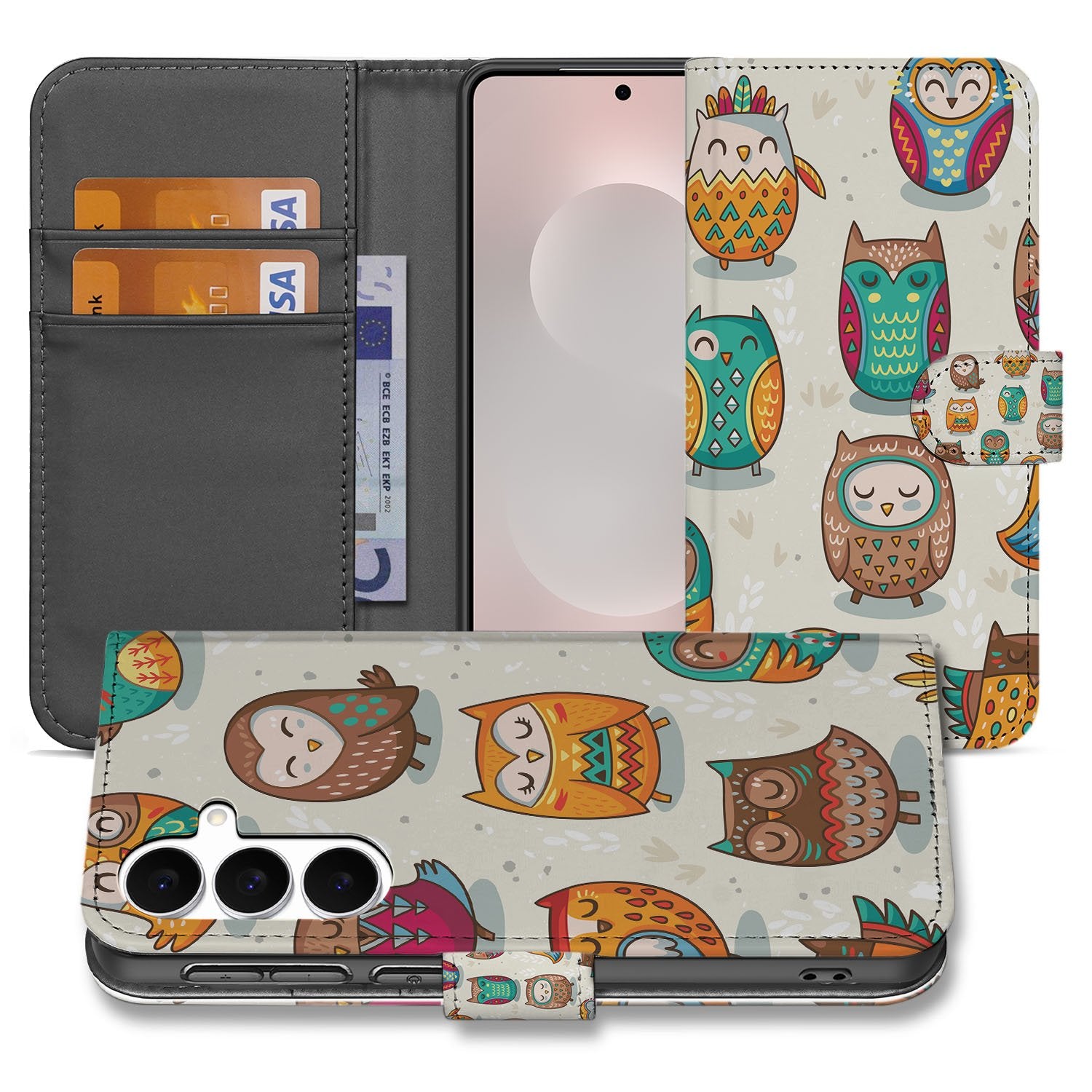 Samsung Galaxy S25 FE Telefoonhoesje met Pasjes Vrolijke Uilen boekhoesje uilen design aanzicht