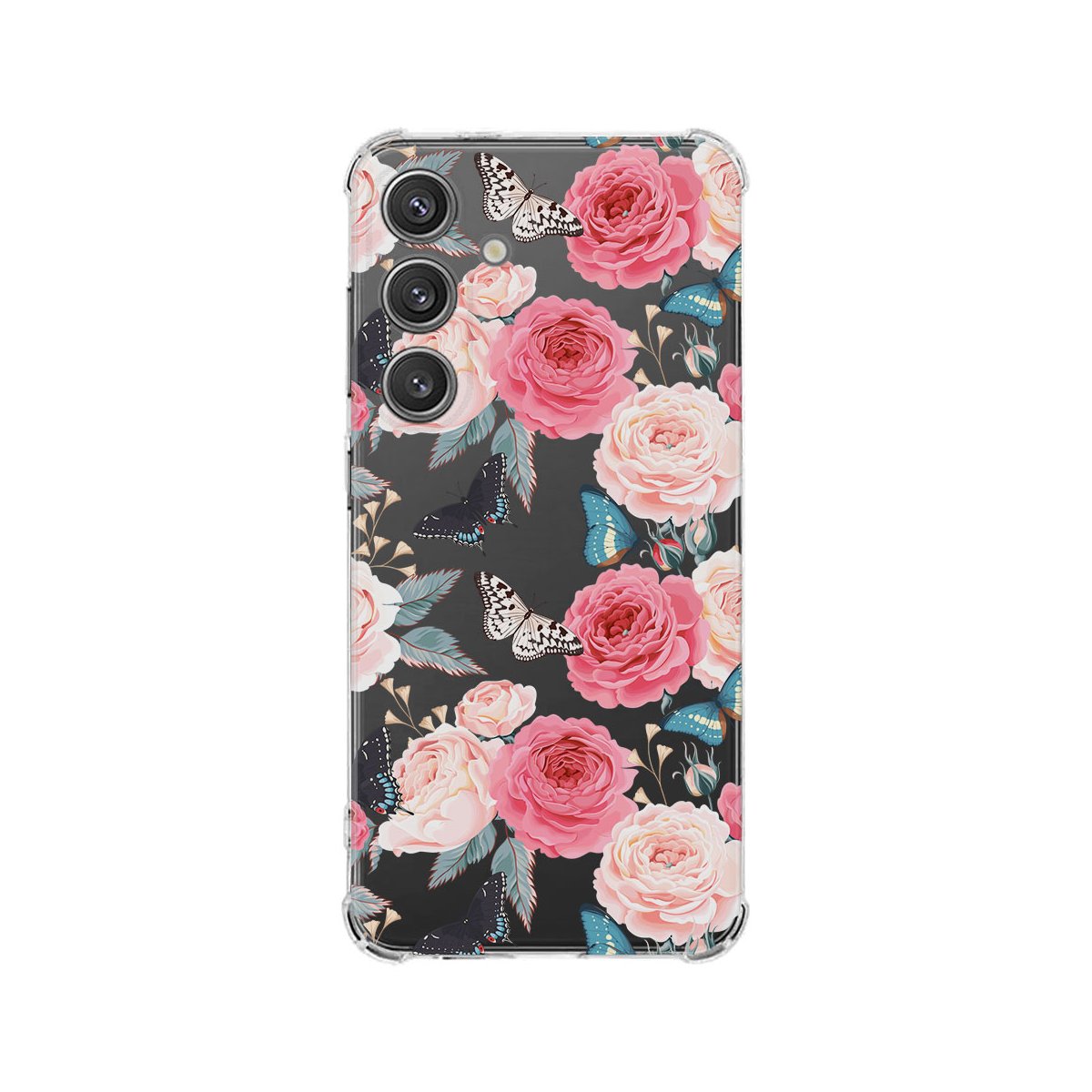 Samsung Galaxy S25 Hoesje Butterfly Roses TPU Antishock bloemenprint transparant voorkant