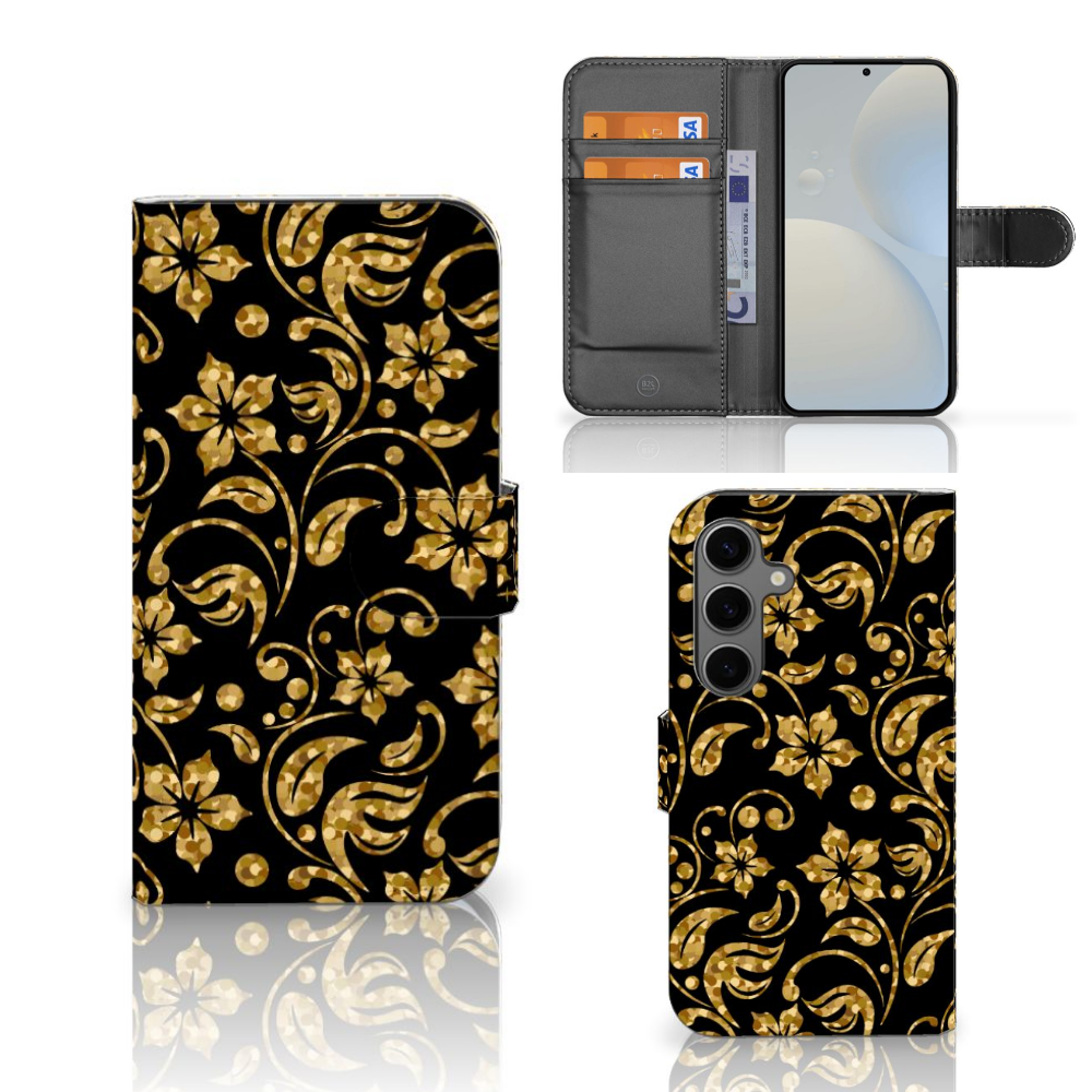 Samsung Galaxy S25 Hoesje Gouden Bloemen hoesje gouden bloemen vooraanzicht zijkant binnenkant
