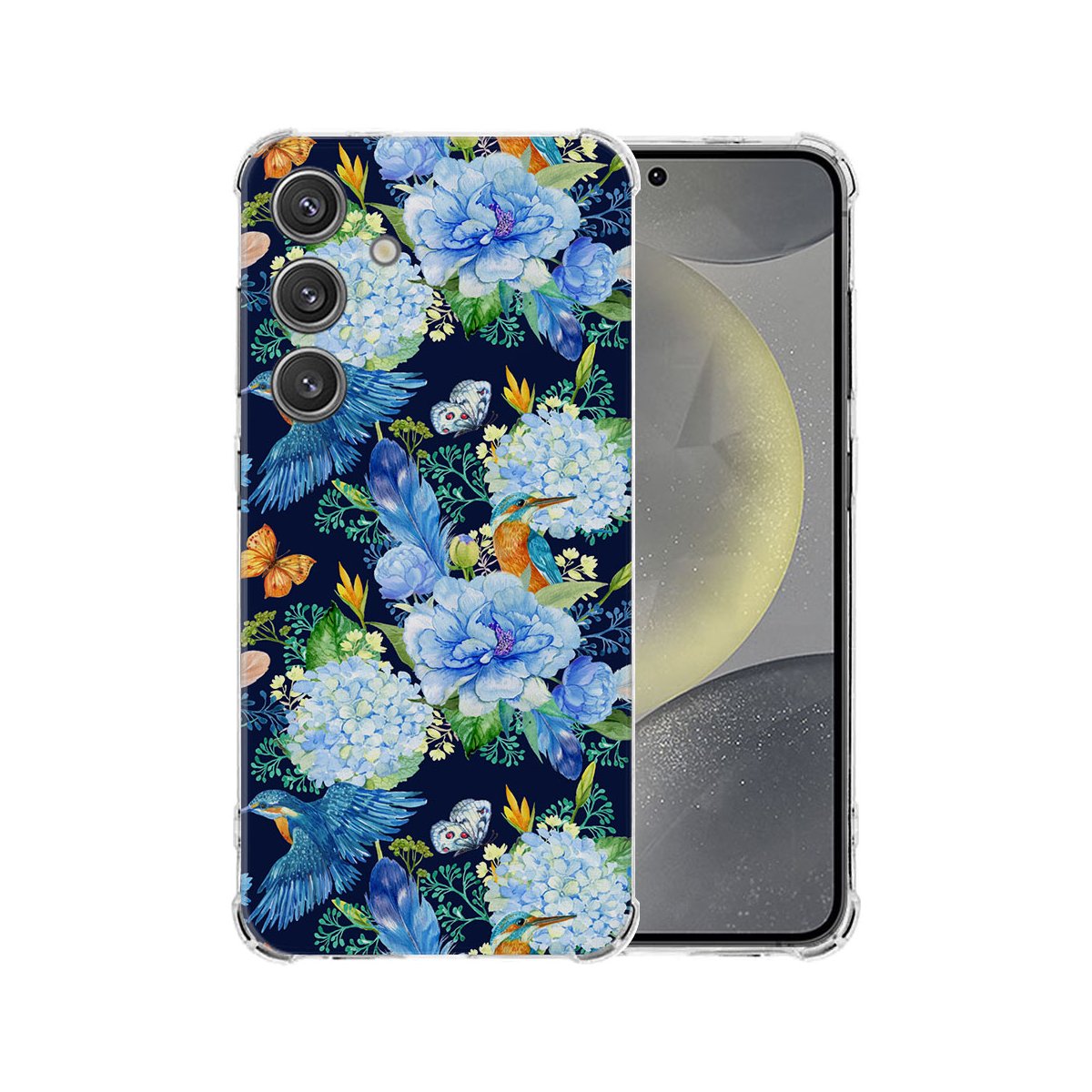 Samsung Galaxy S25 Hoesje - IJsvogel TPU Antishock bloemen design achterkant