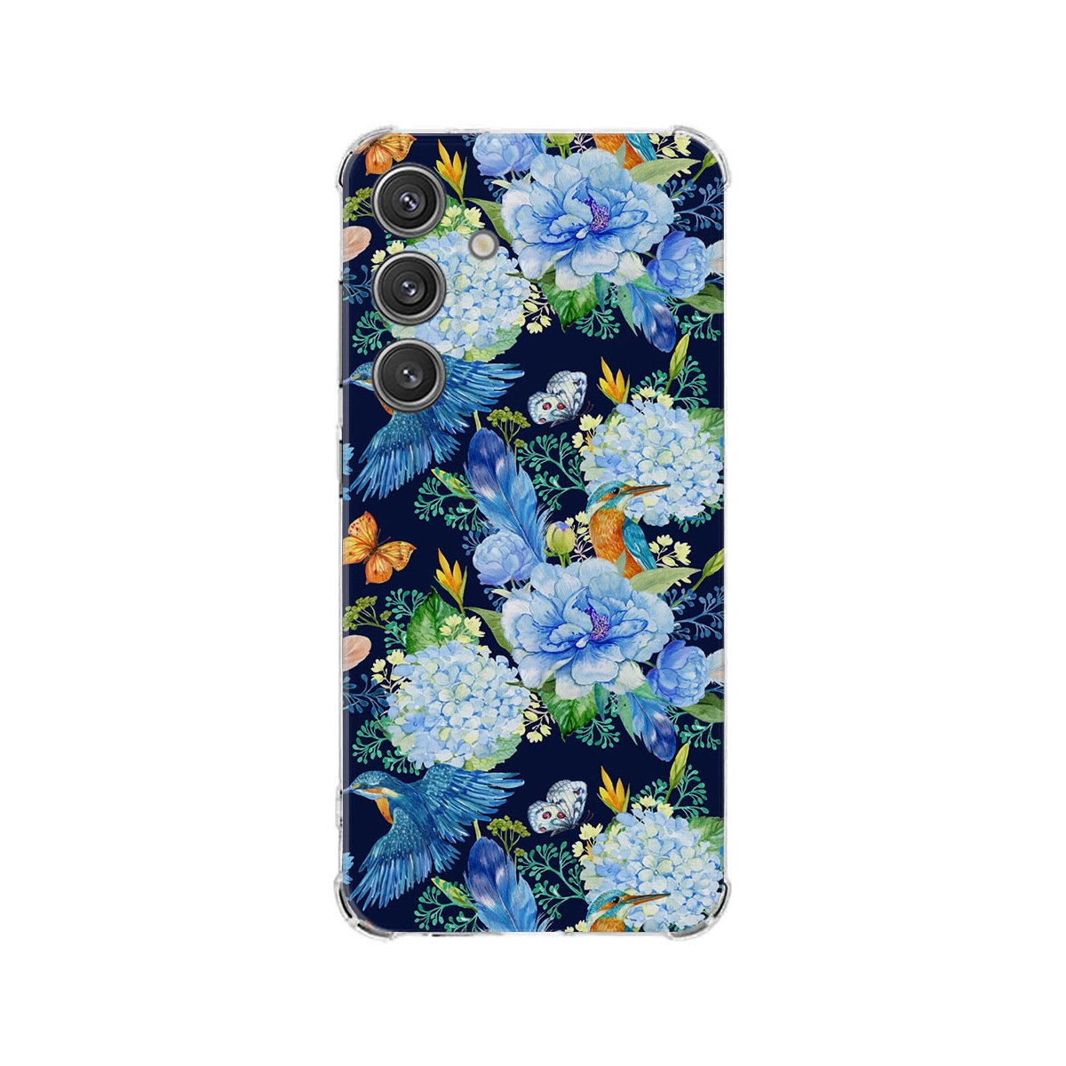 Samsung Galaxy S25 Hoesje - IJsvogel TPU Antishock bloemen dessin achterzijde