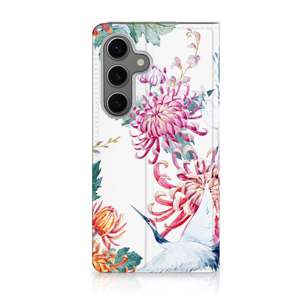Samsung Galaxy S25 Hoesje maken Bird Flowers bloemen ooievaar ontwerp voorkant