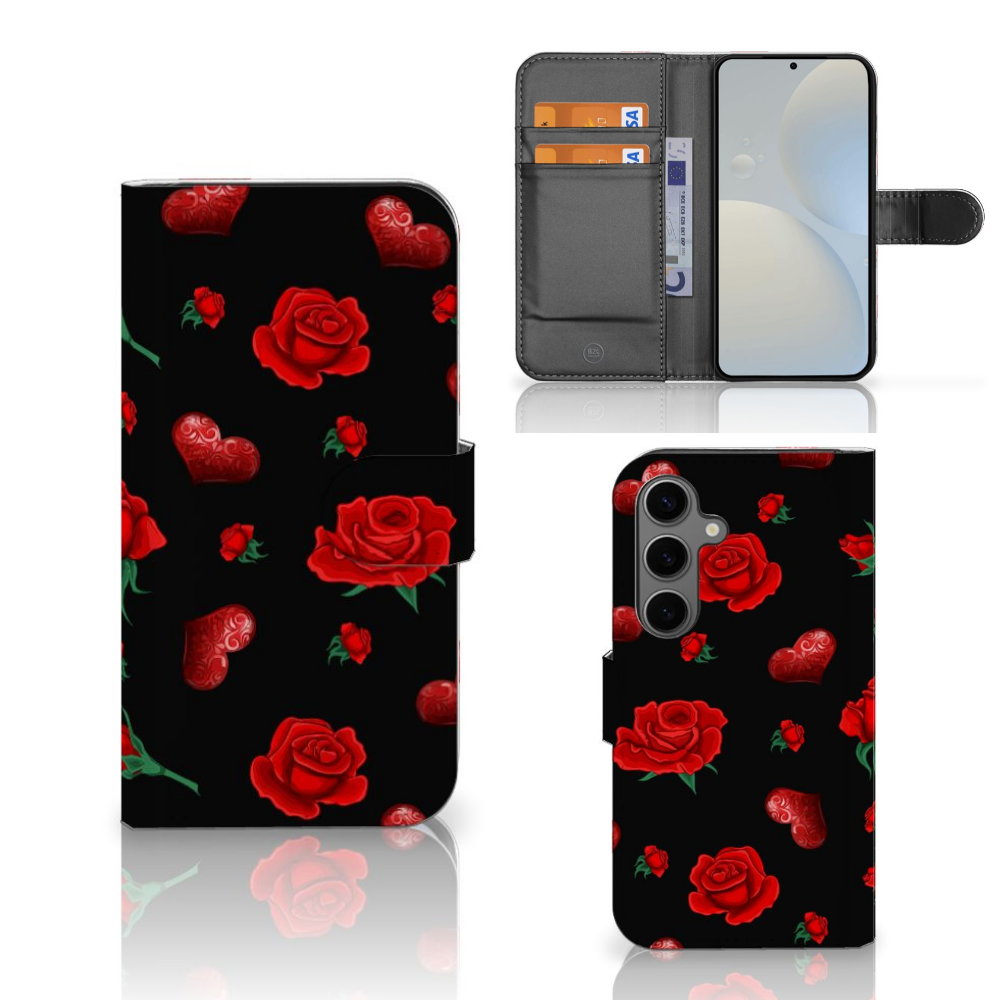 Samsung Galaxy S25 Leuk Hoesje Valentine bookcase design rozen aanzicht