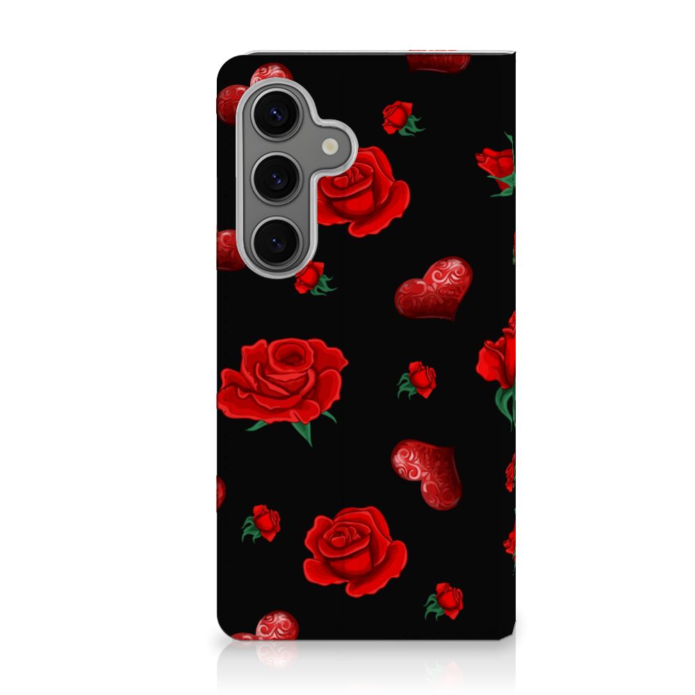 Samsung Galaxy S25 Magnet Case Valentine bloemen hart zwart