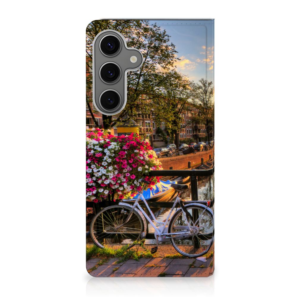 Samsung Galaxy S25 Plus Book Cover Amsterdamse Grachten design met bloemen en fiets aan de Amsterdamse grachten