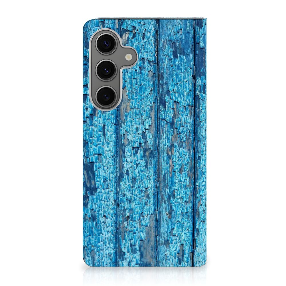 Samsung Galaxy S25 Plus Book Wallet Case Wood Blue blauw hout design achterkant